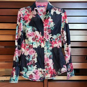 Georg Roth Los Angeles XS Navy Floral Print Silk Blend Flip Cuff Blouse